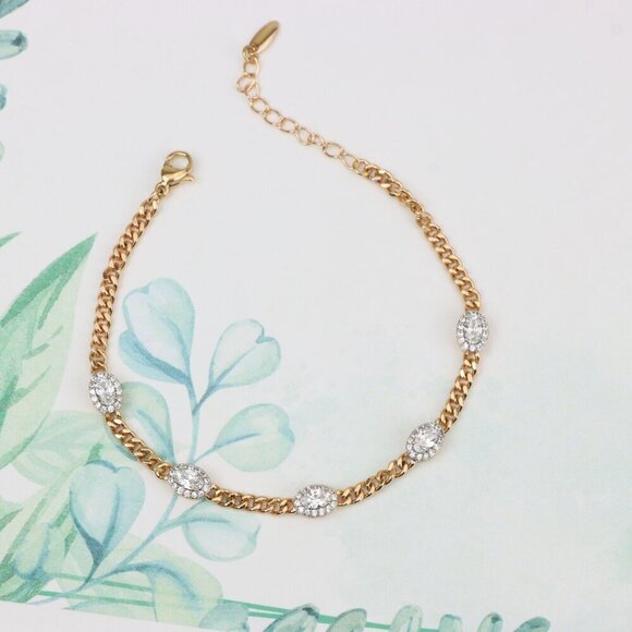 "Elegant Oval Crystal Rose Gold Bracelet with Classic Chain Design, XPBL0827 - Picture 4 of 12